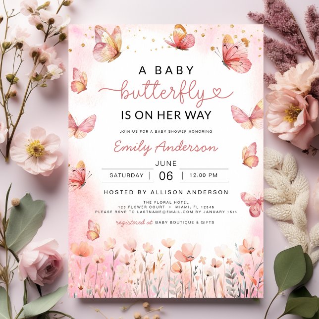 Pink A Baby Butterfly ist auf ihrem Weg Girl Dusch Einladung (Von Creator hochgeladen)