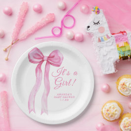 Pink a Bow Es ist eine Mädchen-Baby-Dusche Pappteller