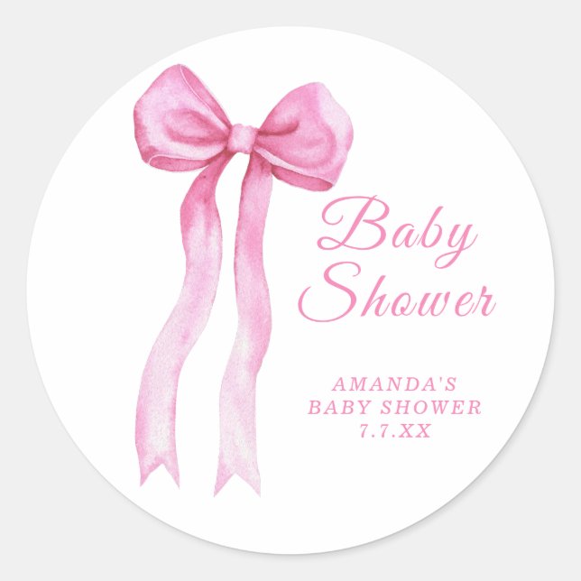 Pink a Bow Girl Babydusche Runder Aufkleber (Vorderseite)
