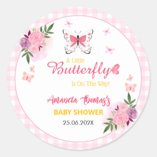 Pink A Little Butterfly Is On The Way Baby Shower  Runder Aufkleber
