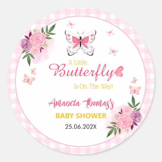 Pink A Little Butterfly Is On The Way Baby Shower  Runder Aufkleber (Vorderseite)