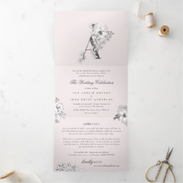 Pink 'A' Monogram Schöne Blumenzange Dreifach Gefaltete Einladung