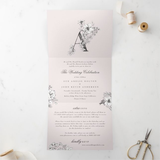 Pink 'A' Monogram Schöne Blumenzange Dreifach Gefaltete Einladung (Innenseite)