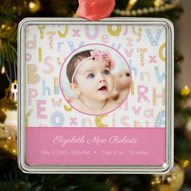 Pink ABC Birth Stat Baby Girls Foto Weihnachten Ornament Aus Metall (Von Creator hochgeladen)