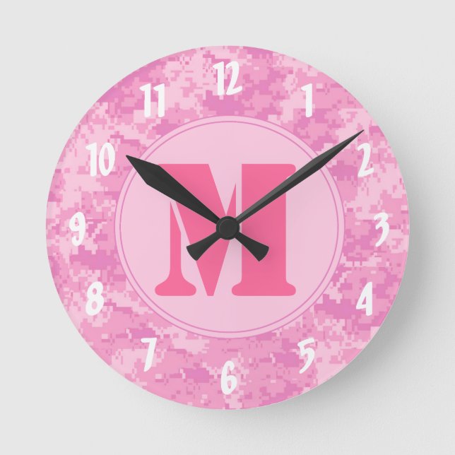 Pink ACU Camouflage Camoufla Monogramm erste Wandk Runde Wanduhr (Vorderseite)