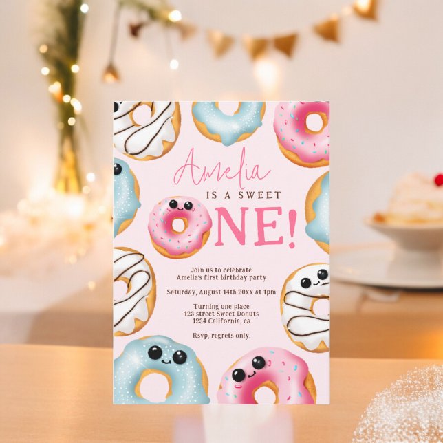 Pink Adorable Sweet Ein niedlicher Donuts 1. Gebur Einladung (Pink Adorable Sweet One cute donuts 1st birthday Invitation)