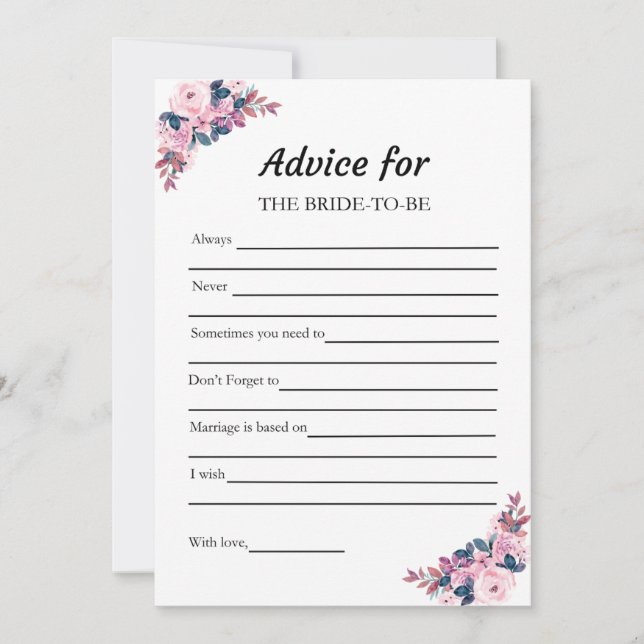 Pink Advice for Bride Brautparty Game Card Einladung (Vorderseite)