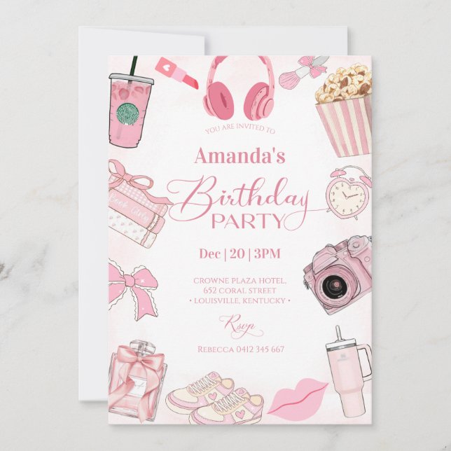 Pink Aesthetic Girl Birthday Party Invitation Einladung (Vorderseite)
