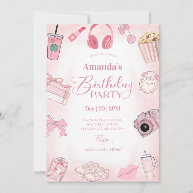 Pink Aesthetic Girl Birthday Party Invitation Einladung (Vorderseite)