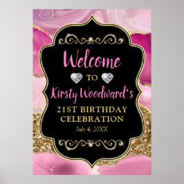 Pink Agate Geode Slices und Gold Glitzer Geburtsta Poster