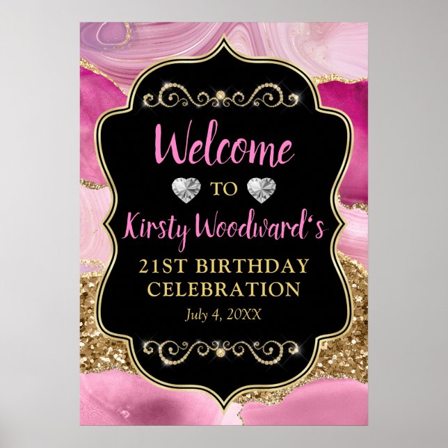 Pink Agate Geode Slices und Gold Glitzer Geburtsta Poster (Vorne)