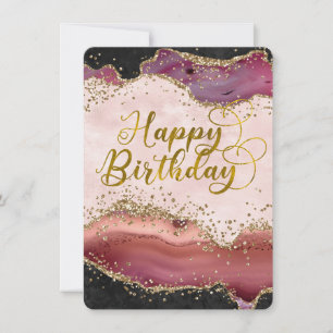 Pink Agate & Gold Glitzer Happy Birthday Flat Card