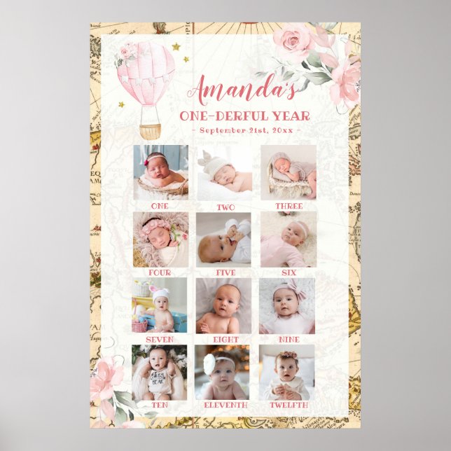 Pink Air Ballon Erstes Jahr Foto Collage Post Poster (Vorne)