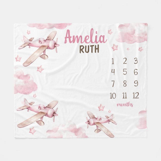 PINK AIRPLANE MILESTONE Blanket, Personalisiertes  Fleecedecke (Vorderseite (Horizontal))