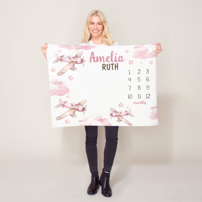PINK AIRPLANE MILESTONE Blanket, Personalisiertes  Fleecedecke (Beispiel)