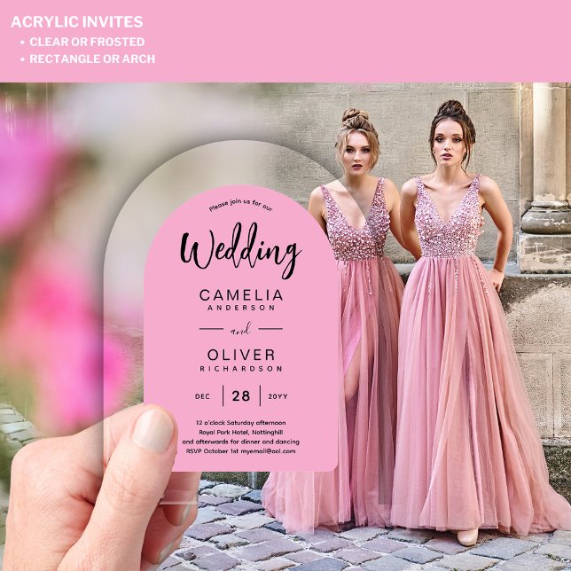 Pink Akryllische Hochzeit lädt Schwarz Text Modern Acryleinladungen (Von Creator hochgeladen)