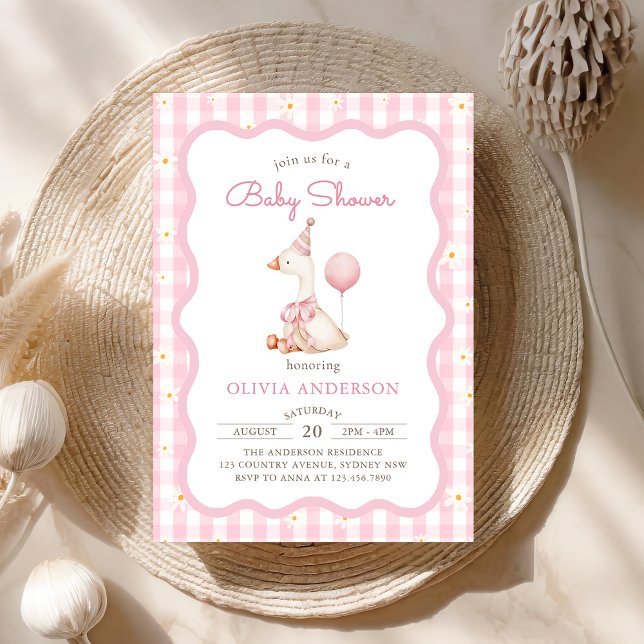 Pink Albern Gänse Daisy Gingham Baby Dusche Einladung (Von Creator hochgeladen)