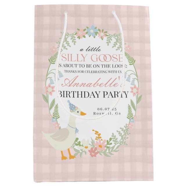Pink Albern Gänse Floral Gingham Birthday Gefallen Mittlere Geschenktüte (Vorderseite)
