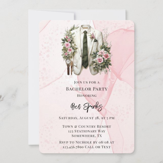 Pink Alcohol Tinte Anzug Bachelor Party Einladung (Vorderseite)