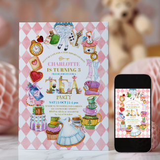 Pink Alice im Wunderland 3. Geburtstagseinladung Einladung