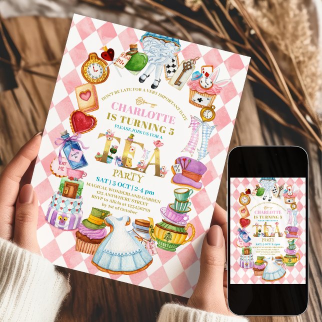 Pink Alice im Wunderland Einladung zum 5. Geburtst (Von Creator hochgeladen)