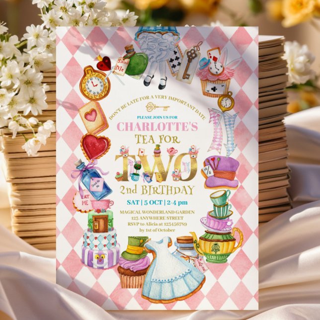 Pink Alice in Wonderland 2nd birthday Invitation Einladung (Von Creator hochgeladen)