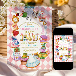 Pink Alice in Wonderland 2nd birthday Invitation Einladung
