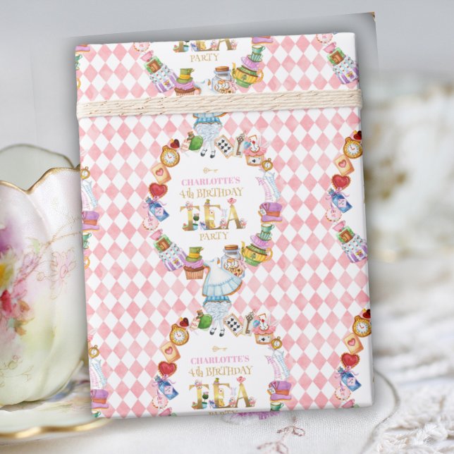 Pink Alice in Wonderland 4th Birthday   Geschenkpapier (Von Creator hochgeladen)