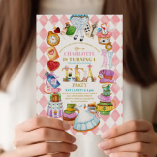 Pink Alice in Wonderland 4th birthday Invitation Einladung