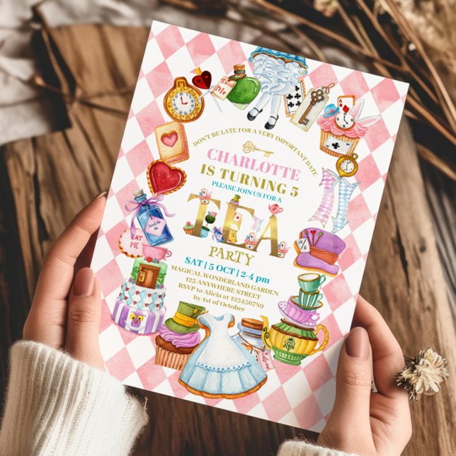 Pink Alice in Wonderland 5th birthday Invitation Einladung (Von Creator hochgeladen)