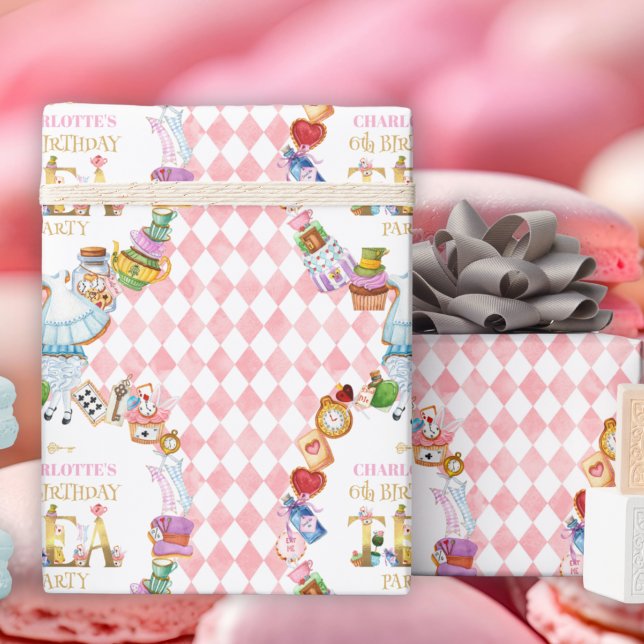 Pink Alice in Wonderland 6th Birthday   Geschenkpapier (Von Creator hochgeladen)