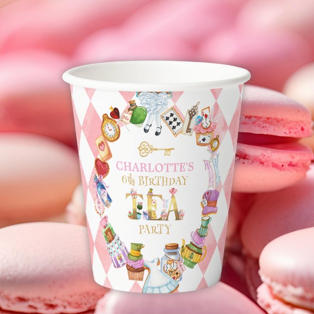 Pink Alice in Wonderland 6th birthday Pappbecher (Von Creator hochgeladen)