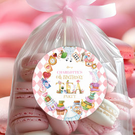 Pink Alice in Wonderland 6th Birthday Runder Aufkleber