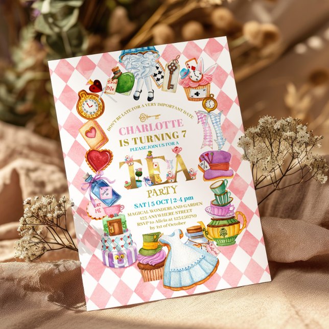 Pink Alice in Wonderland 7th birthday Invitation Einladung (Von Creator hochgeladen)