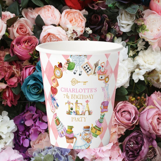 Pink Alice in Wonderland 7th birthday Pappbecher (Von Creator hochgeladen)