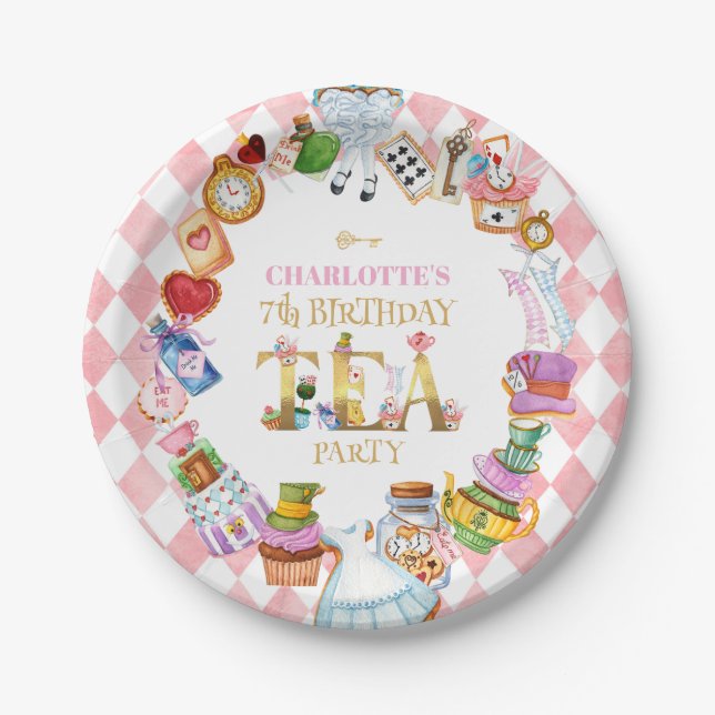Pink Alice in Wonderland 7th Birthday   Pappteller (Vorderseite)