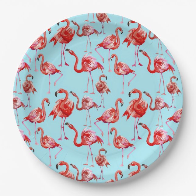 Pink Aloha Flamingo Vogelmuster auf Aquamarin Pappteller (Vorderseite)