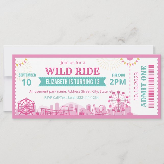 Pink Amusement Park Birthday Invitation Ticket  Einladung (Vorderseite)