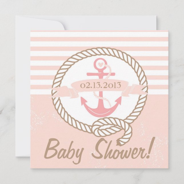 Pink Anchor Banner Nautical Baby Shower Einladung (Vorderseite)