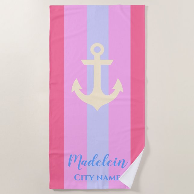 Pink Anchor Modern Nautic Stripes Individuelle Nam Strandtuch (Vorderseite)