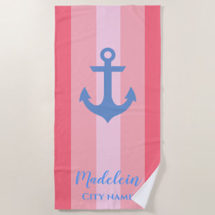 Pink Anchor Modern Nautical Stripes Individuelle N Strandtuch