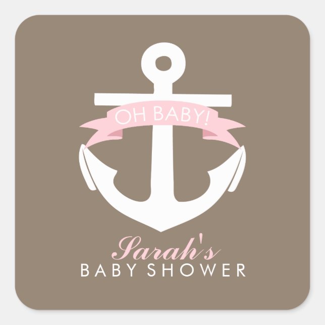 Pink Anchor und Ribbon Babydusche Quadratischer Aufkleber (Vorderseite)