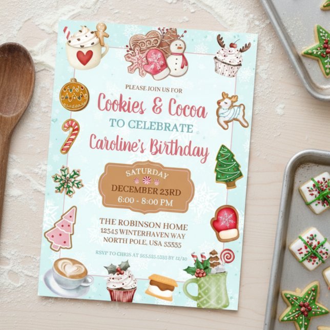 Pink and Aqua Christmas Cookies and Cocoa Birthday Einladung (cute cookies and hot cocoa christmas birthday party exchange invitations)