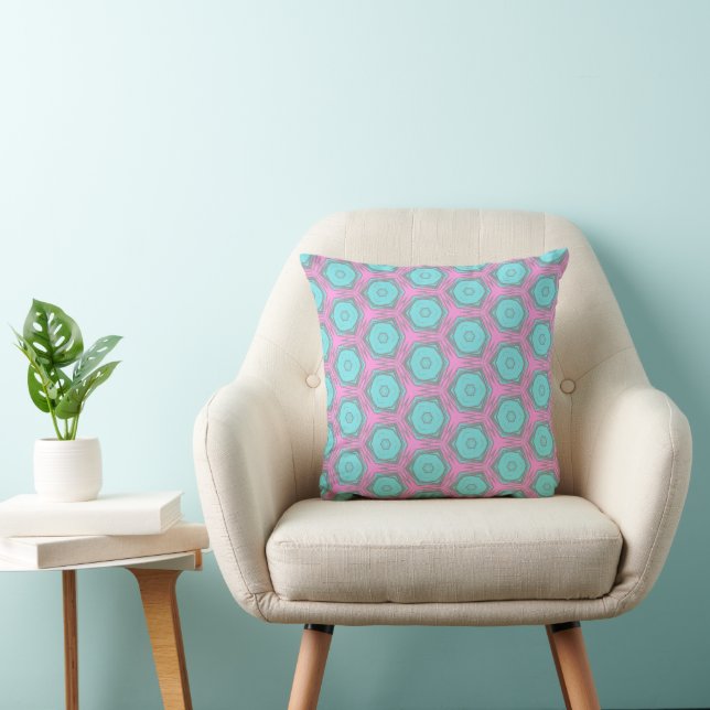Pink and Aqua Hexagon Spin Geometric Pattern Kissen (Stuhl )