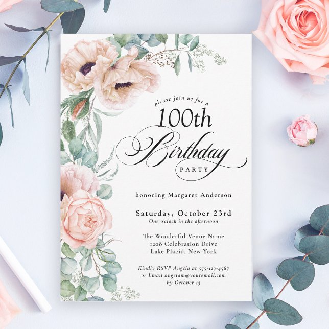 Pink and Beige Watercolor Floral 100th Birthday Einladung (A beautifully feminine invitation to celebrate a special 100th Birthday!
)