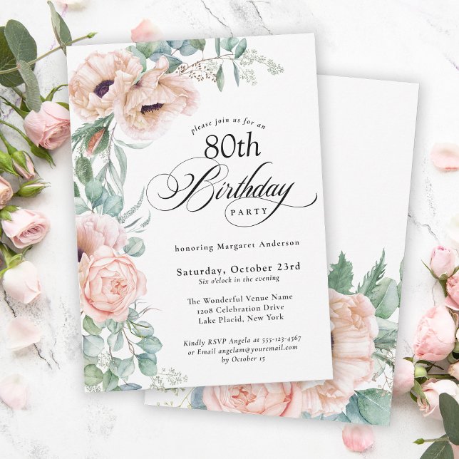 Pink and Beige Watercolor Floral 80th Birthday Einladung (A beautifully feminine party invitation to celebrate a milestone birthday.)