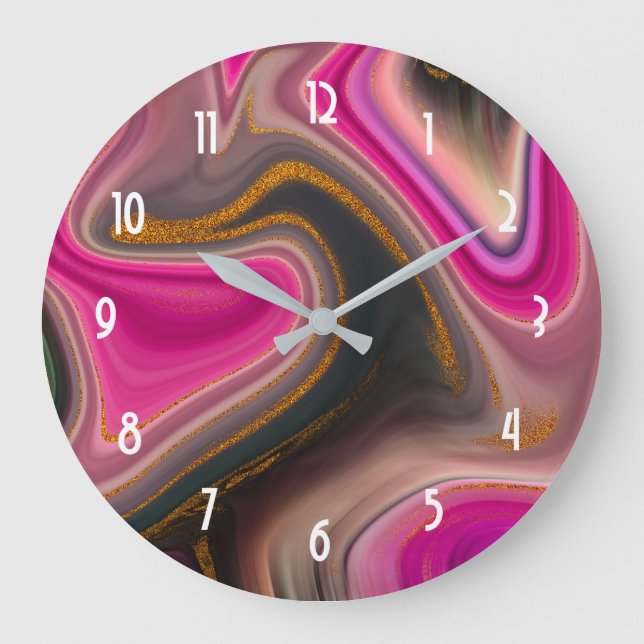 Pink and Black Abstract with Gold Swirls Große Wanduhr (Vorderseite)