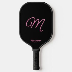 Pink and Black Cute Simple Initial Script Monogram Pickleball Schläger
