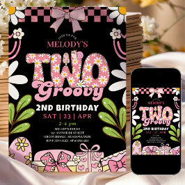 Pink and Black Daisy 2nd Birthday Retro Birthday Einladung