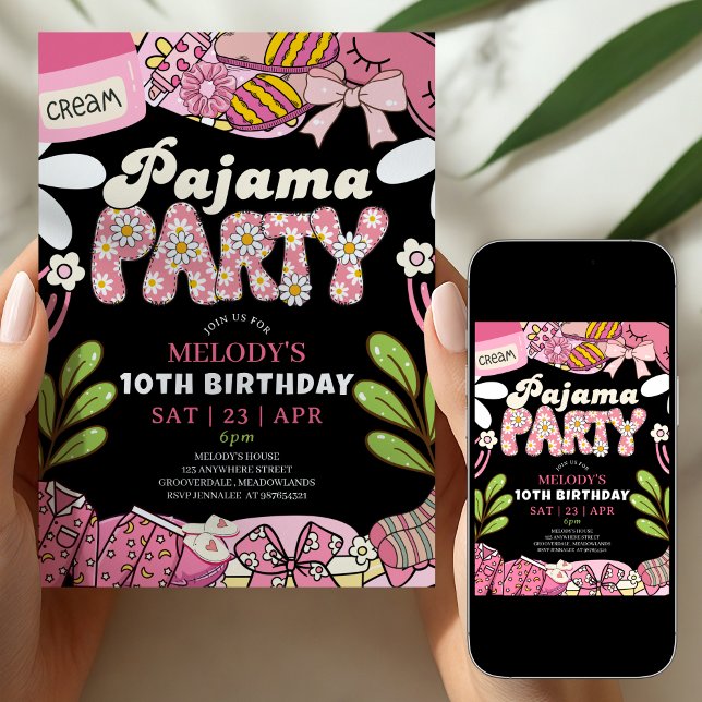 Pink and Black Daisy Pajama Party Birthday  Einladung (Von Creator hochgeladen)